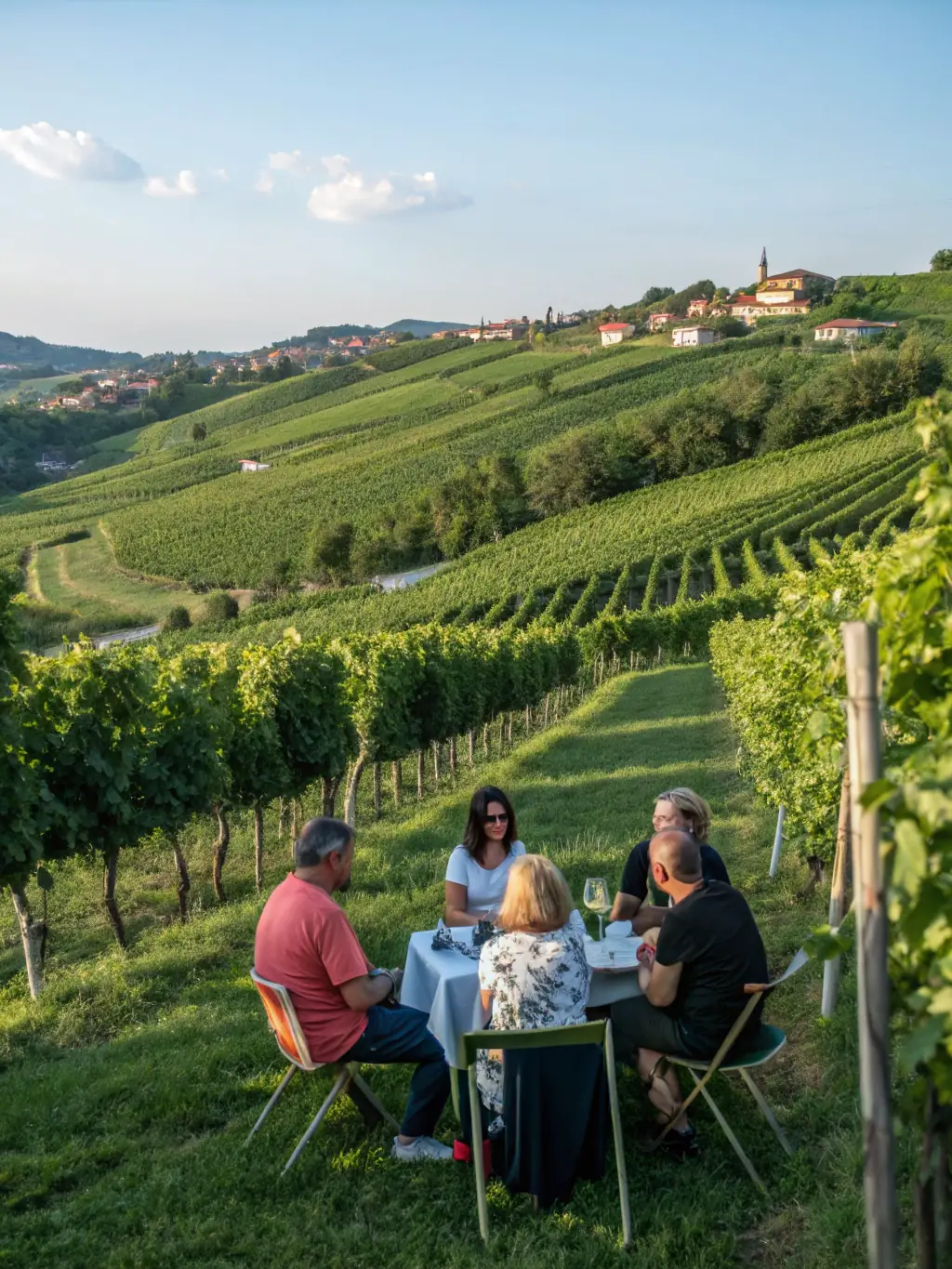 A picture of guests enjoying a wine tasting session at The Manoir d'Eymet, with glasses of local wine and a backdrop of the vineyards.